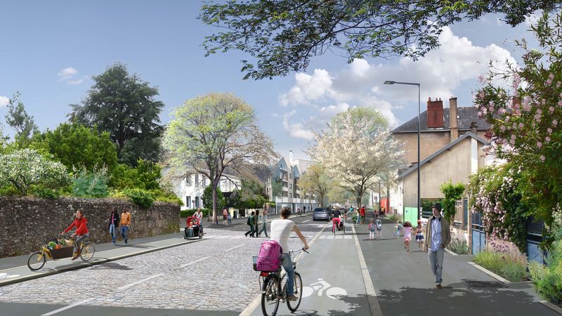 Côté bourg, la rue de la Papotière sera bordée de pistes cyclables et de trottoirs confortables. © In Situ AC&V / Bruel-Delmar / Sit&A