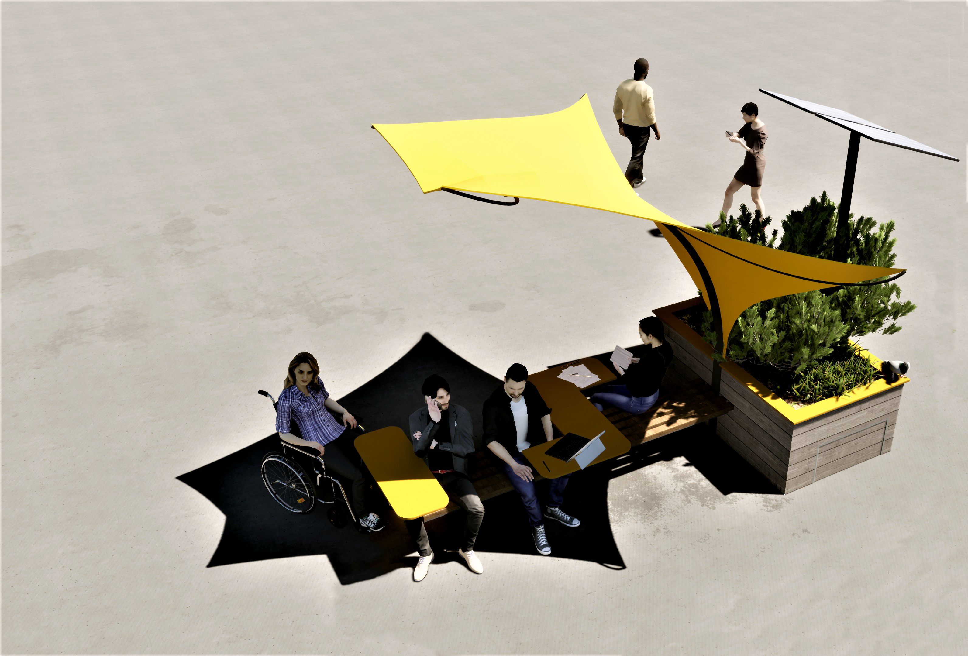 Autonome en énergie, adapté aux personnes à mobilité réduite, le mobilier urbain Coasis peut servir d’espace d’attente à l’air libre. © SPIE Batignolles Vallia